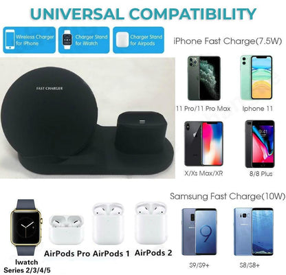 Fast Wireless Charger Dock Stand - 3 in 1  Multi-Function Charging Station