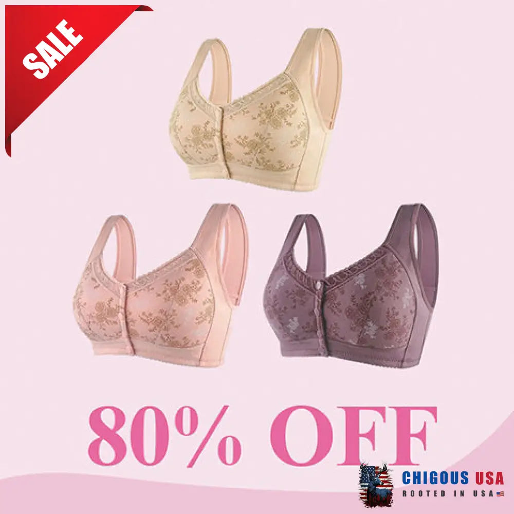Glamorette – Cotton Front Closure Bra 80% Off Set 3 (Beige + Pink Purple) / 2Xl
