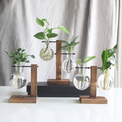 Glass Desktop Planter with Wooden Stand – Elegant Hydroponic Vase for Office or Living Room Plant Display