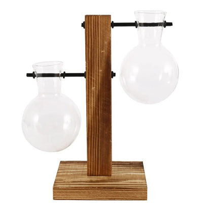 Glass Desktop Planter with Wooden Stand – Elegant Hydroponic Vase for Office or Living Room Plant Display