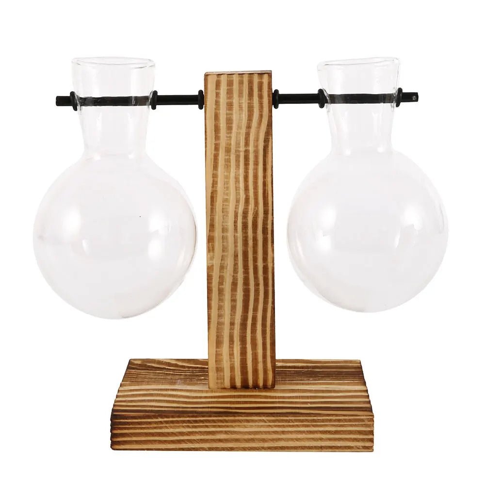 Glass Desktop Planter with Wooden Stand – Elegant Hydroponic Vase for Office or Living Room Plant Display