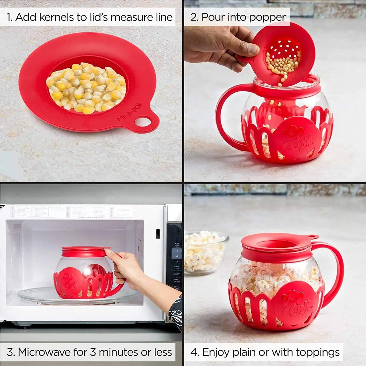 Glass Microwave Popcorn Maker - 3-in-1 Lid Ecolution Patented Micro-Pop Glass Microwave Popcorn Popper