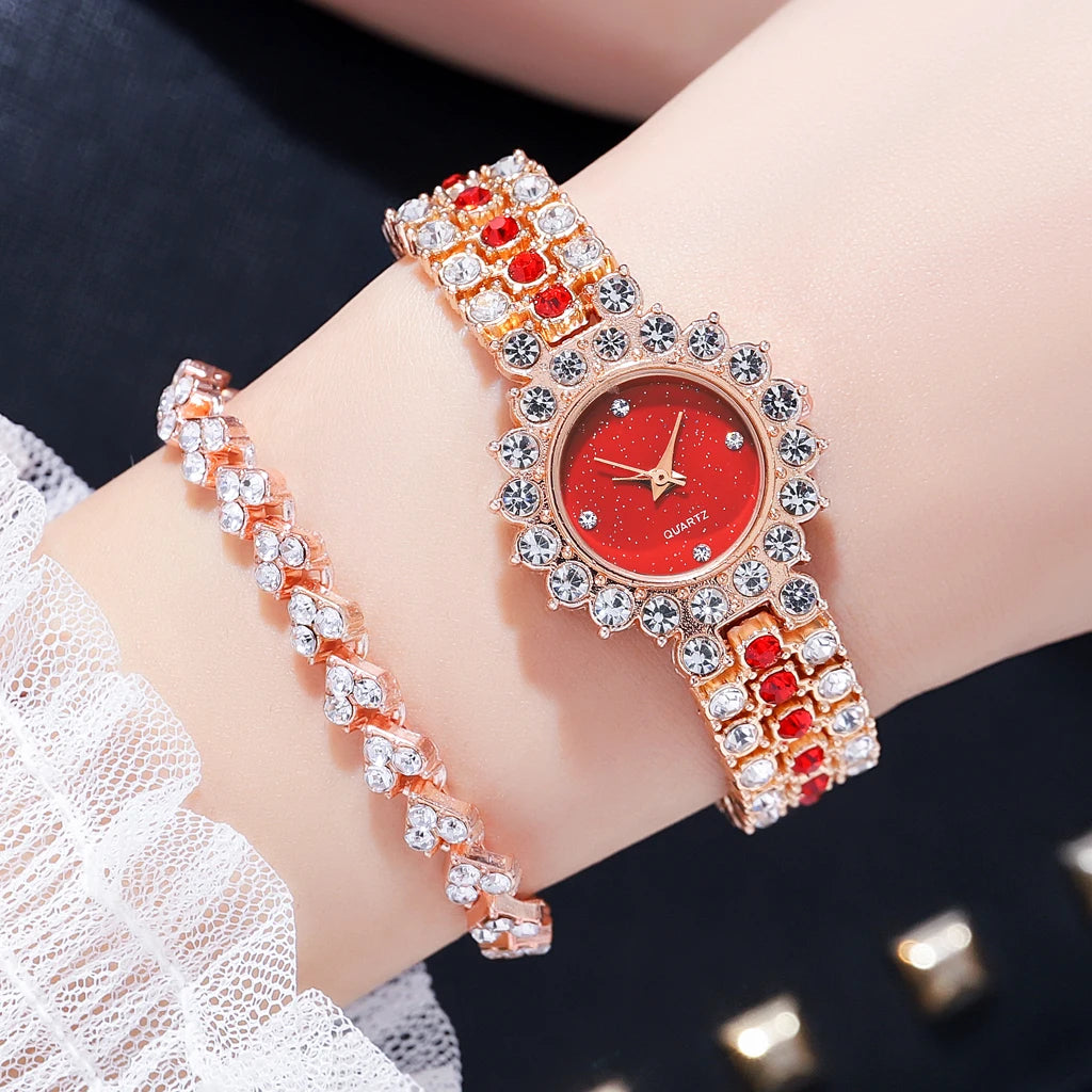 Multicolor Temperament Women's Fashion Crystal Watch Set – Elegant Rhinestone Alloy Wristwatch for Women