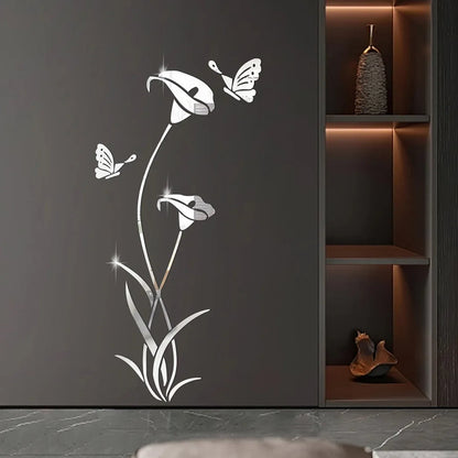 Butterfly Lily Mirror Wall Sticker – 3D DIY Floral Mural Decal for Bedroom, TV Background, and Elegant Living Room Décor Charm
