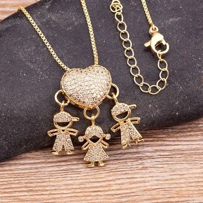 Golden Son & Daughter Heart Pendant Necklace – Sparkling Cubic Zirconia Family Charm for Mothers, Featuring Boy and Girl Design, the Perfect Gift of Love