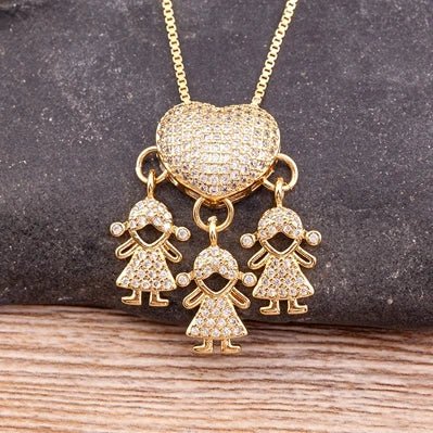 Golden Son & Daughter Heart Pendant Necklace – Sparkling Cubic Zirconia Family Charm for Mothers, Featuring Boy and Girl Design, the Perfect Gift of Love