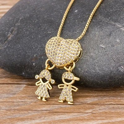 Golden Son & Daughter Heart Pendant Necklace – Sparkling Cubic Zirconia Family Charm for Mothers, Featuring Boy and Girl Design, the Perfect Gift of Love