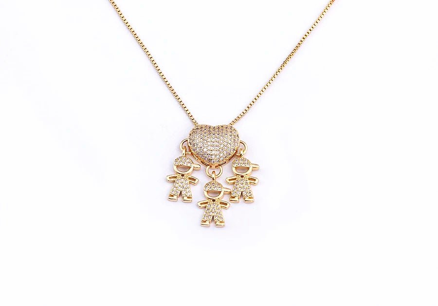 Golden Son & Daughter Heart Pendant Necklace – Sparkling Cubic Zirconia Family Charm for Mothers, Featuring Boy and Girl Design, the Perfect Gift of Love