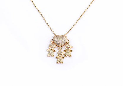 Golden Son & Daughter Heart Pendant Necklace – Sparkling Cubic Zirconia Family Charm for Mothers, Featuring Boy and Girl Design, the Perfect Gift of Love