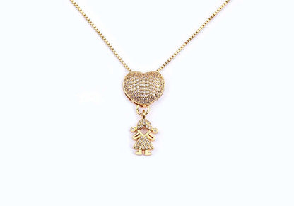 Golden Son & Daughter Heart Pendant Necklace – Sparkling Cubic Zirconia Family Charm for Mothers, Featuring Boy and Girl Design, the Perfect Gift of Love