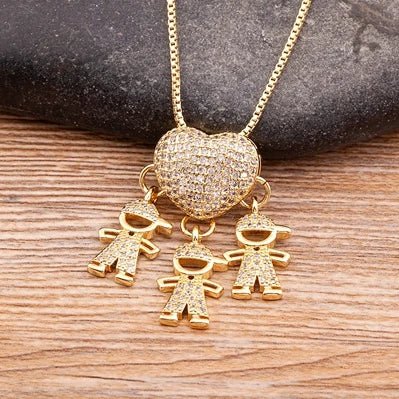 Golden Son & Daughter Heart Pendant Necklace – Sparkling Cubic Zirconia Family Charm for Mothers, Featuring Boy and Girl Design, the Perfect Gift of Love