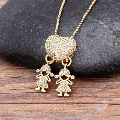 Golden Son & Daughter Heart Pendant Necklace – Sparkling Cubic Zirconia Family Charm for Mothers, Featuring Boy and Girl Design, the Perfect Gift of Love