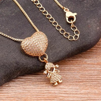 Golden Son & Daughter Heart Pendant Necklace – Sparkling Cubic Zirconia Family Charm for Mothers, Featuring Boy and Girl Design, the Perfect Gift of Love
