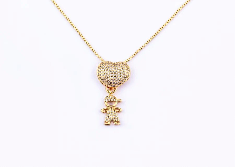 Golden Son & Daughter Heart Pendant Necklace – Sparkling Cubic Zirconia Family Charm for Mothers, Featuring Boy and Girl Design, the Perfect Gift of Love