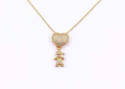 Golden Son & Daughter Heart Pendant Necklace – Sparkling Cubic Zirconia Family Charm for Mothers, Featuring Boy and Girl Design, the Perfect Gift of Love