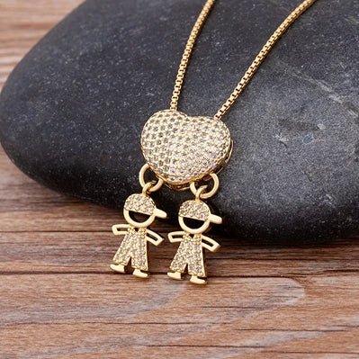 Golden Son & Daughter Heart Pendant Necklace – Sparkling Cubic Zirconia Family Charm for Mothers, Featuring Boy and Girl Design, the Perfect Gift of Love
