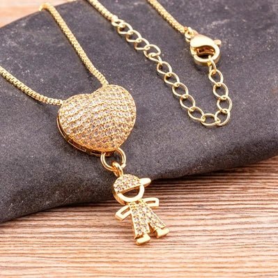 Golden Son & Daughter Heart Pendant Necklace – Sparkling Cubic Zirconia Family Charm for Mothers, Featuring Boy and Girl Design, the Perfect Gift of Love