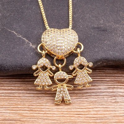 Golden Son & Daughter Heart Pendant Necklace – Sparkling Cubic Zirconia Family Charm for Mothers, Featuring Boy and Girl Design, the Perfect Gift of Love