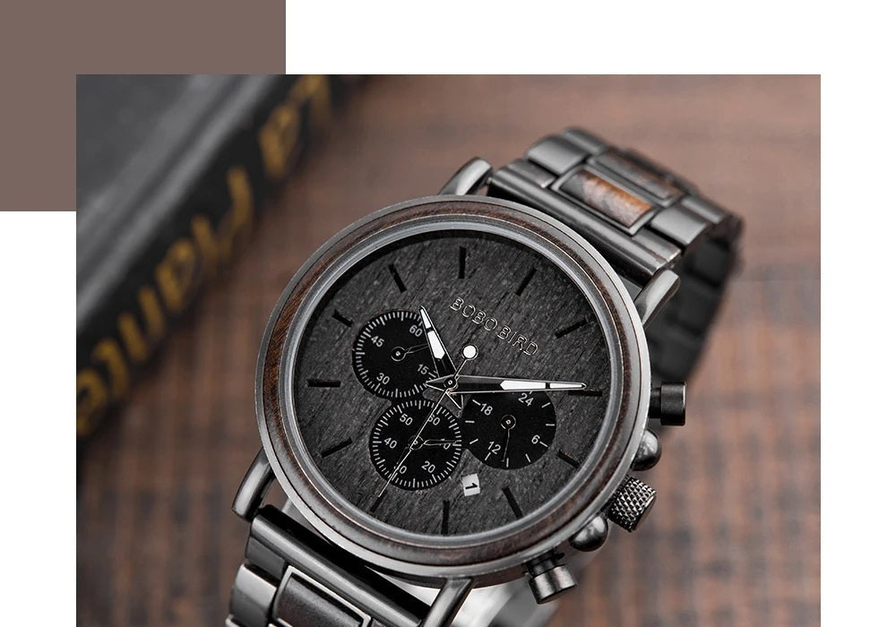 Wooden Men’s Watch Relogio Masculino – Stylish Chronograph Military Timepiece in Gift Box, Eco-Friendly Design for Everyday Elegance