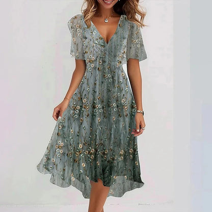 Floral Draped Chiffon Dress – Summer Office Dress with V Neck and High Waist A-Line Fit, Perfect for Elegant Occasions