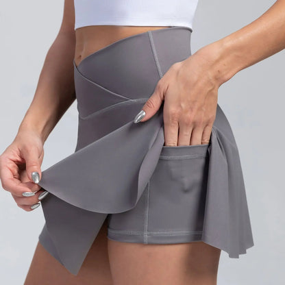High Waist Overlap Tennis Skirt Shorts - 2-in-1  Outdoor Activewear with Pocket for Women