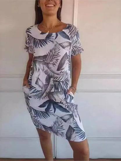 Vintage Boho Midi Dress with Flower and Leaf Print – Botanical Print Short-Sleeve Vacation Dress with Big Pockets for a Chic Beach Style