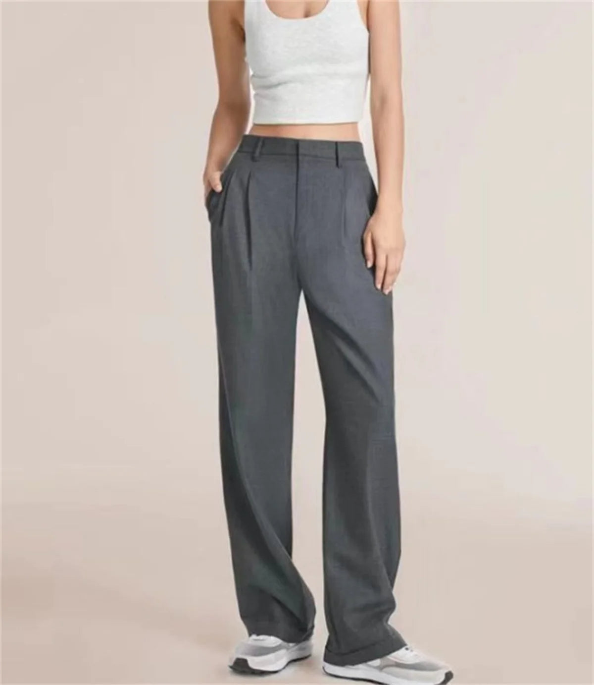 High-Waisted Wide-Leg Trousers – Elegant & Casual All-Season Pocket Slacks