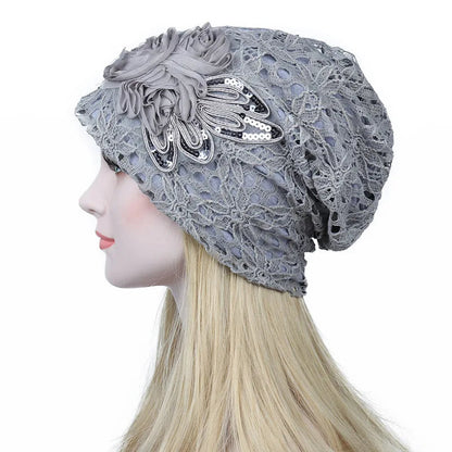 Women Lace Turban Cap for Women – Thin, Elegant Muslim Beanie with Sequin Flower, Chemo Bonnet for Hair Loss, Spring & Summer Headscarf