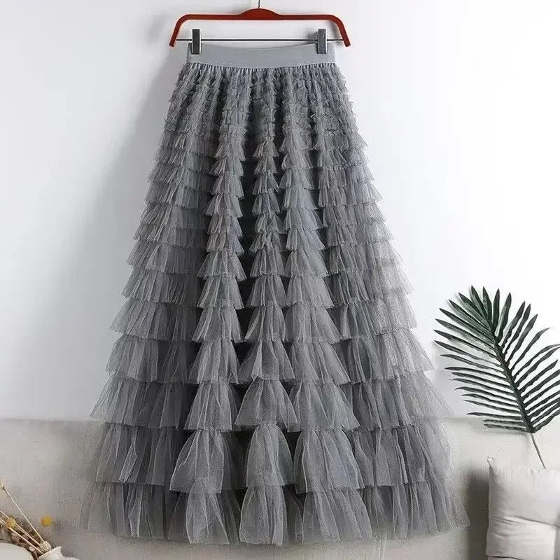 Elegant Women’s Tiered Tulle Maxi Skirt – High Waist Pleated Mesh Ball Gown Perfect for Dating, Parties, and Daily Chic