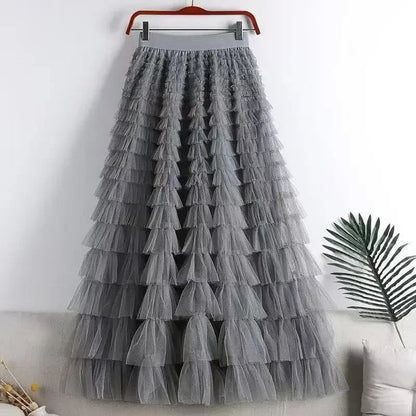 Elegant Women’s Tiered Tulle Maxi Skirt – High Waist Pleated Mesh Ball Gown Perfect for Dating, Parties, and Daily Chic