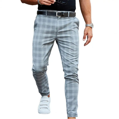 Men's Slim-Fit Plaid Trousers - Tapered Ankle-Length Check Pants