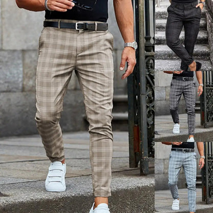 Men's Slim-Fit Plaid Trousers - Tapered Ankle-Length Check Pants