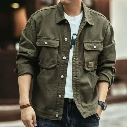 Men’s Solid Cargo Denim Jacket – Loose Plus-Size Fashionable Casual Coat for Spring and Autumn Streetwear Daily Outfits