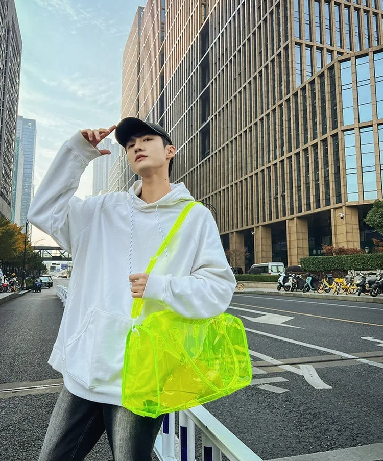 Transparent Candy Color Waterproof Travel and Beach Bag – Large-Capacity Handbag for Toiletries, Men & Women’s Shoulder Satchel