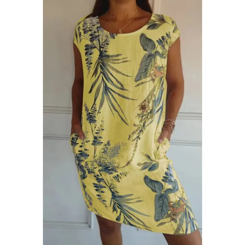 Vintage Boho Midi Dress with Flower and Leaf Print – Botanical Print Short-Sleeve Vacation Dress with Big Pockets for a Chic Beach Style