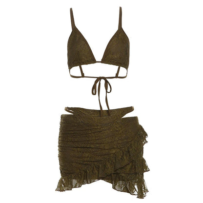 Weird Puss Women's Sexy Lace Set – Double-Deck Bra, Panty, and Ruffle Skirt 3-Piece Midnight Party Vacation Look
