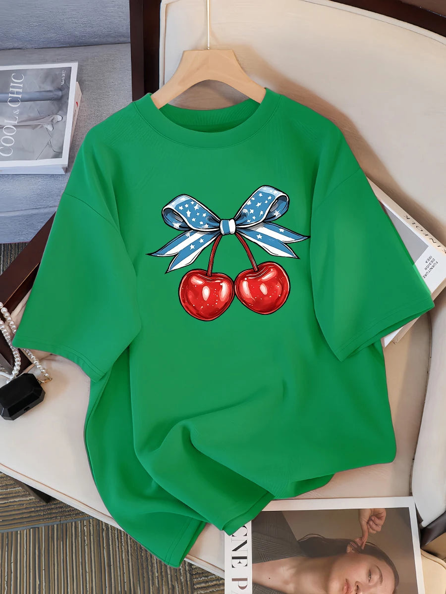 Women’s Cotton Cherry Print T-Shirt – Summer Loose Hip Hop Tee with Flag Bow Detail, Breathable Comfort, and Stylish Streetwear Vibe