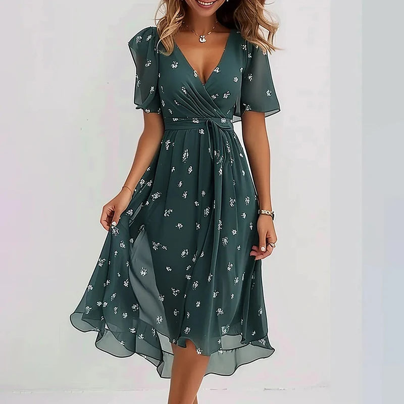 Floral Draped Chiffon Dress – Summer Office Dress with V Neck and High Waist A-Line Fit, Perfect for Elegant Occasions