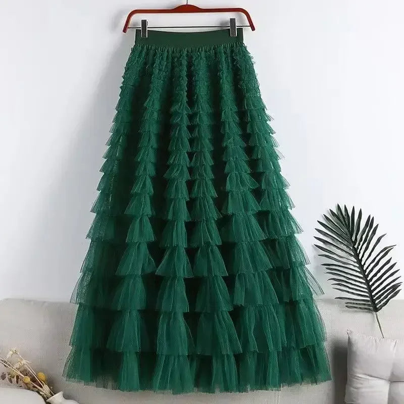 Elegant Women’s Tiered Tulle Maxi Skirt – High Waist Pleated Mesh Ball Gown Perfect for Dating, Parties, and Daily Chic