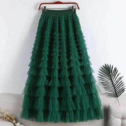 Elegant Women’s Tiered Tulle Maxi Skirt – High Waist Pleated Mesh Ball Gown Perfect for Dating, Parties, and Daily Chic