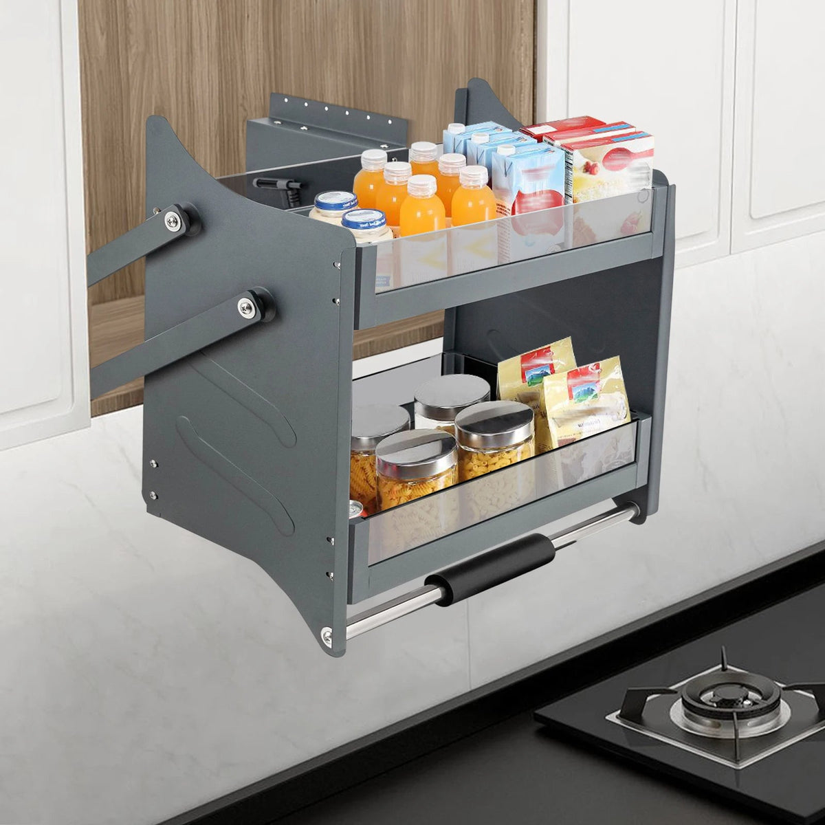 Pull-Down Cabinet Shelf – 2-Tier Lift-Down Basket for 24 in Upper Cabinets