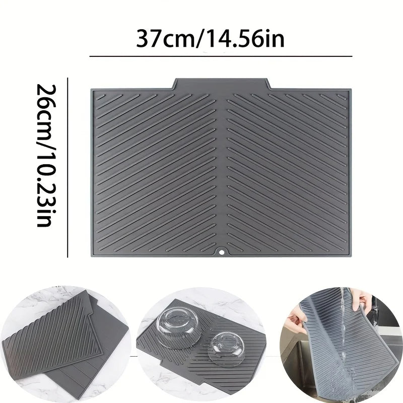 Kitchen Dish Drying Silicone Mat – Raised Stripe Design with Drainage Outlet, Non-Slip Countertop Sink Pad, Heat-Resistant Tableware Drying and Insulating Mat for Kitchens