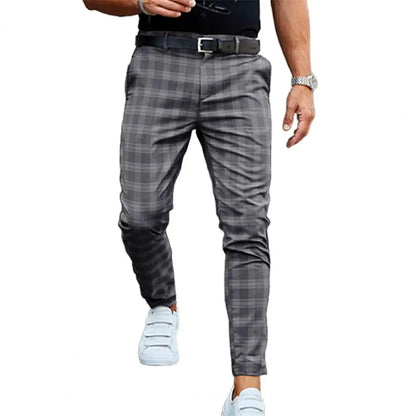 Men's Slim-Fit Plaid Trousers - Tapered Ankle-Length Check Pants