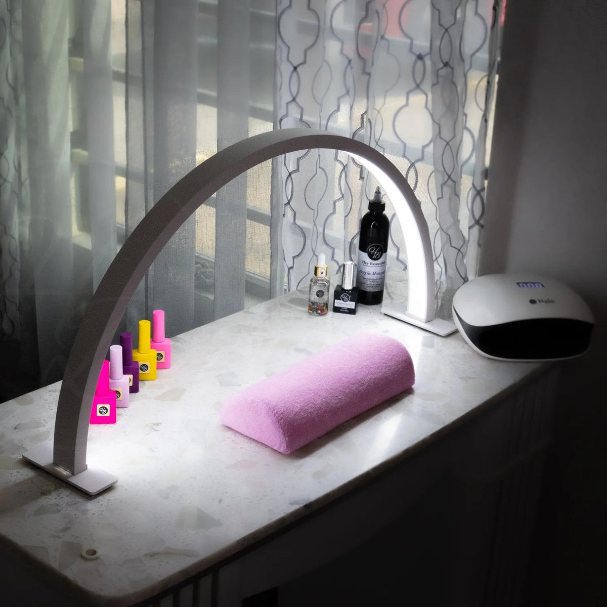 Half Moon Nail Desk Lamp – 28 in LED Arc Work Light for Nails, Lashes, Brows & Tattoo, 3000K–6000K Dimmable