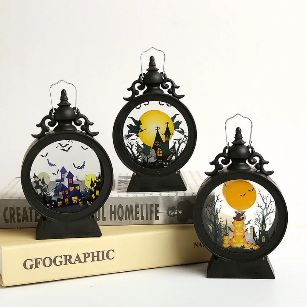 Halloween Decoration Wind Lamp - Retro Round Hand Lantern with Electronic Candle for Atmospheric Decoration