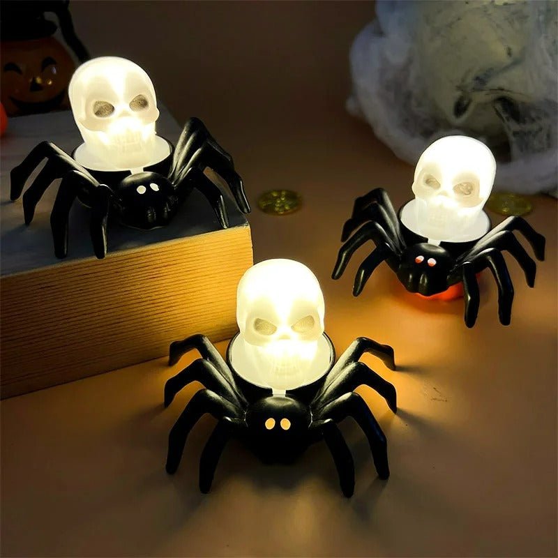 Halloween Spider Lights with Spider-Back LED Eyeball, Candle, and Skull – Haunted Decor Centerpiece