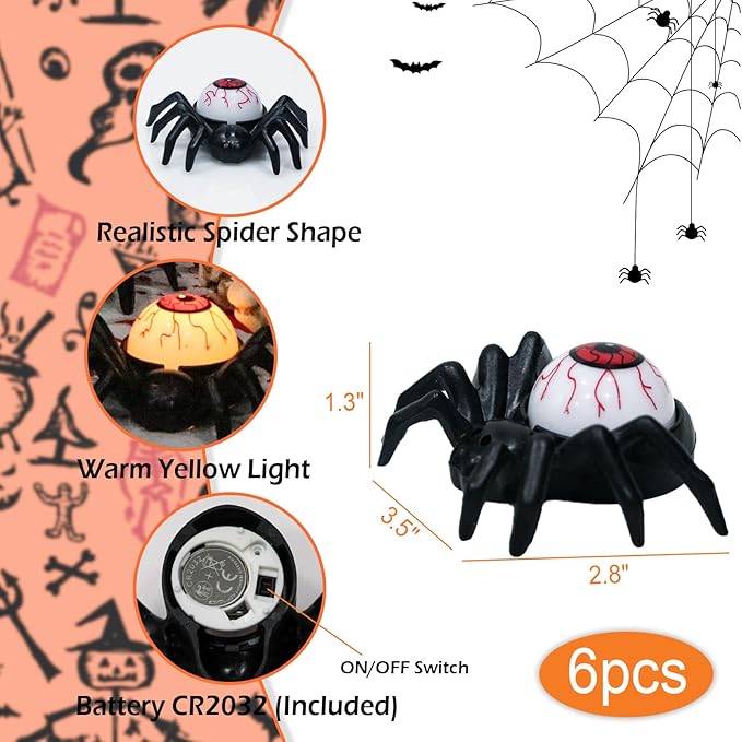 Halloween Spider Lights with Spider-Back LED Eyeball, Candle, and Skull – Haunted Decor Centerpiece