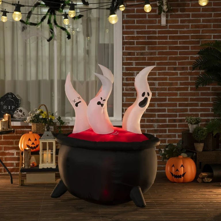 Halloween LED Ghosts in Cauldron Inflatable Decoration - Red Inflatable Cauldron, Blow Up LED Yard Decor for Garden, Lawn, Party, Holiday