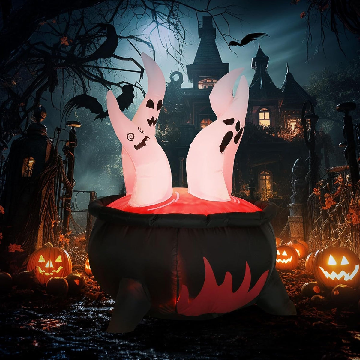 Halloween LED Ghosts in Cauldron Inflatable Decoration - Red Inflatable Cauldron, Blow Up LED Yard Decor for Garden, Lawn, Party, Holiday