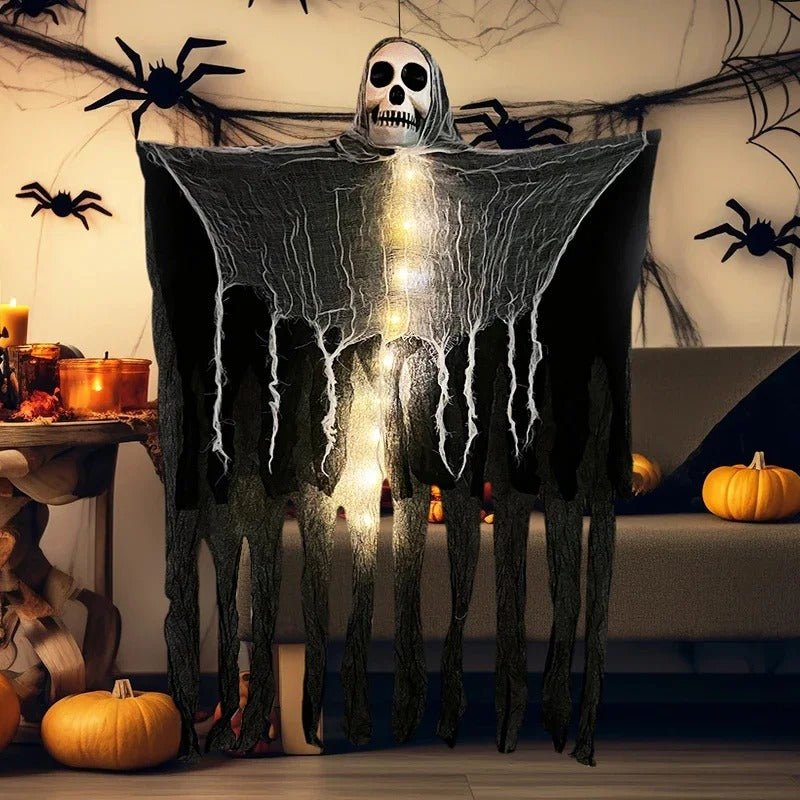 Halloween LED Glow Ghost Hanging Skull Ornaments – Indoor/Outdoor Party Decorations, Haunted House Props